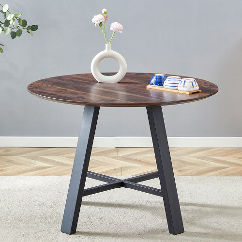 Modern Minimalist Round Dining Table And Coffee Table. 42 Inch Diameter MDF Table Top, Deep Wood Grain Table Top, Black Metal Legs, Fits Home & Office F-1172