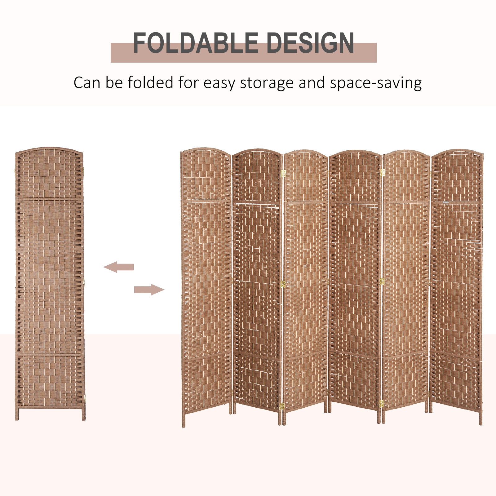 6 Panel Wicker Room Divider 6' Tall Privacy Screen - Natural Brown