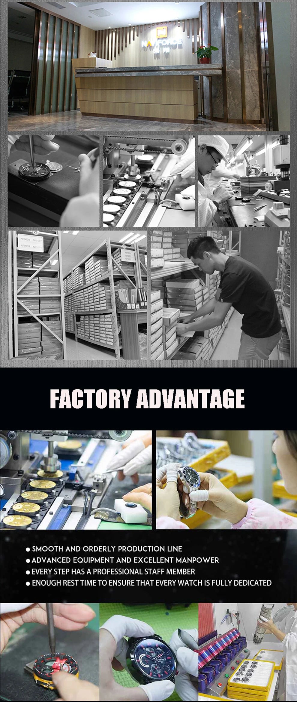 Coocosh’s NAVIFORCE Men's Luxury Quartz Watch showcases a stunning stainless steel design within a factory setting, embodying efficiency and precision. This waterproof, luminous timepiece offers enduring style and functionality, perfect for the modern man on the go.