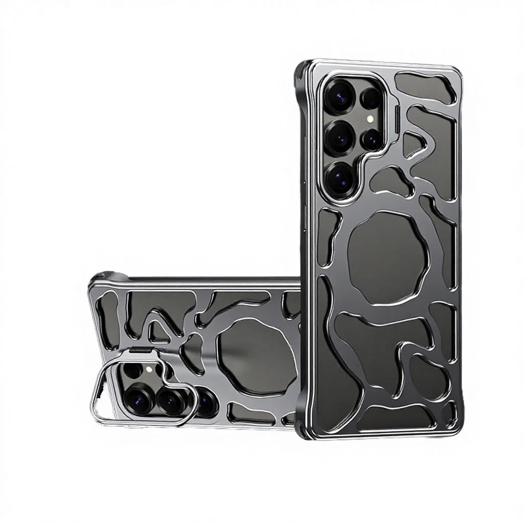 Coocosh abstract patterned smartphone case, crafted from titanium aluminum alloy; features an electroplated finish and magnetic hold for stylish protection. Experience shockproof durability in a sleek design, ensuring you win from any angle with every call.
