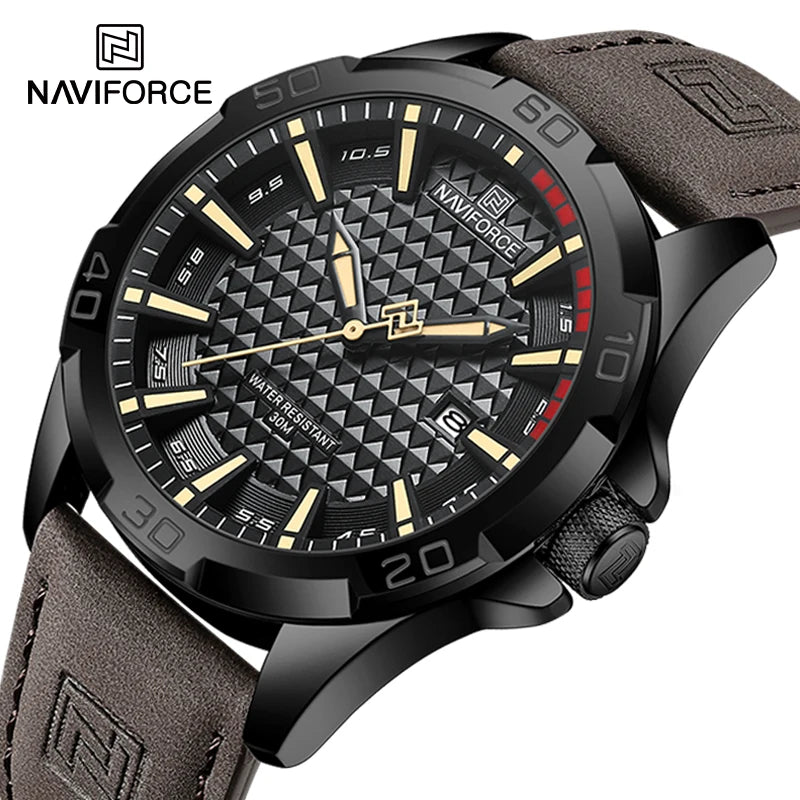 Coocosh NAVIFORCE Men's Casual Sport Military Quartz Watch, featuring a rugged black textured face and a rich brown leather band, combines durability and sophistication for the modern adventurer. Enjoy shock resistance and water resilience, designed to elevate your style and spirit.