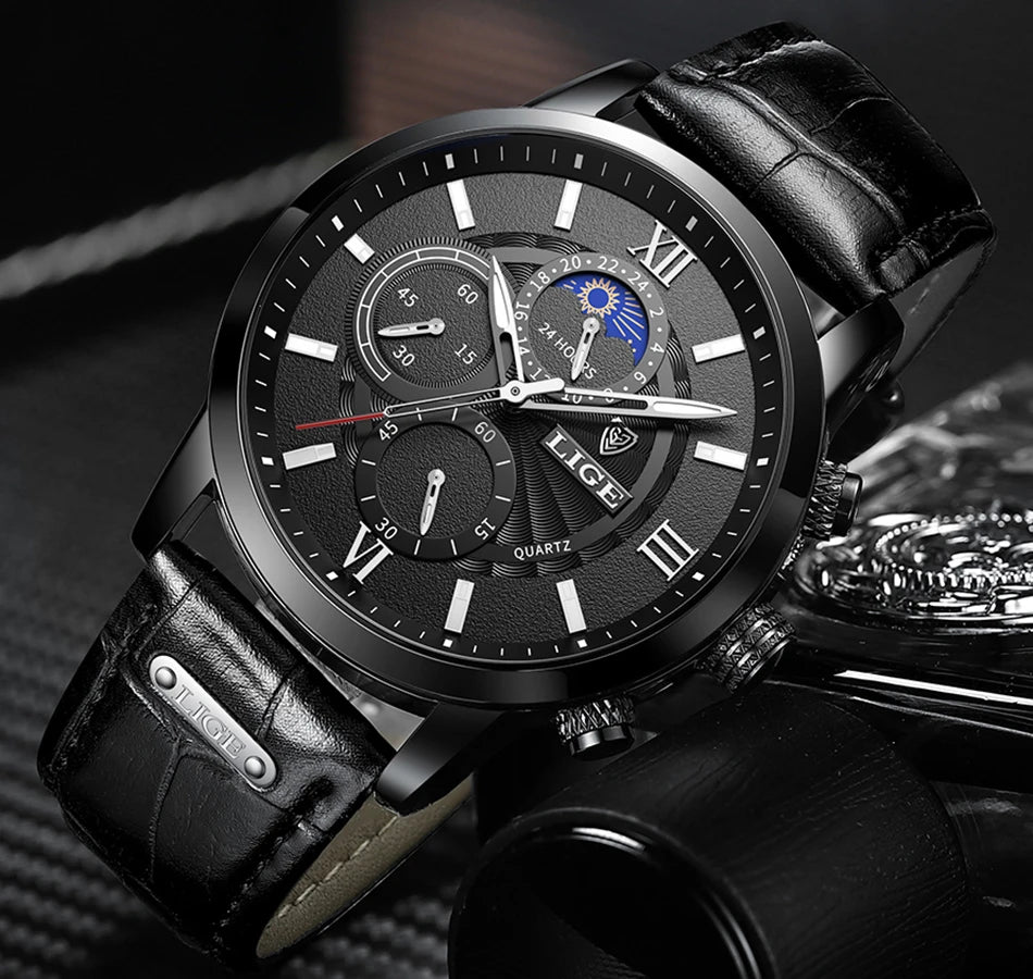 Coocosh luxurious black chronograph watch, featuring a refined brown leather strap and luminous hands, captures timeless elegance and superior craftsmanship, offering a stylish timepiece that enhances every outfit while ensuring durability and precision for the modern gentleman.