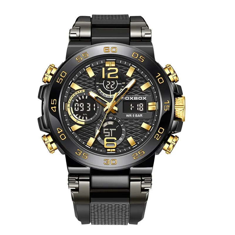 Coocosh luxurious black watch with gold accents, featuring a round chronograph face and luminous hands, designed for both style and functionality. Perfect for business or outdoor adventures, its stainless steel strap ensures durability and sophistication.