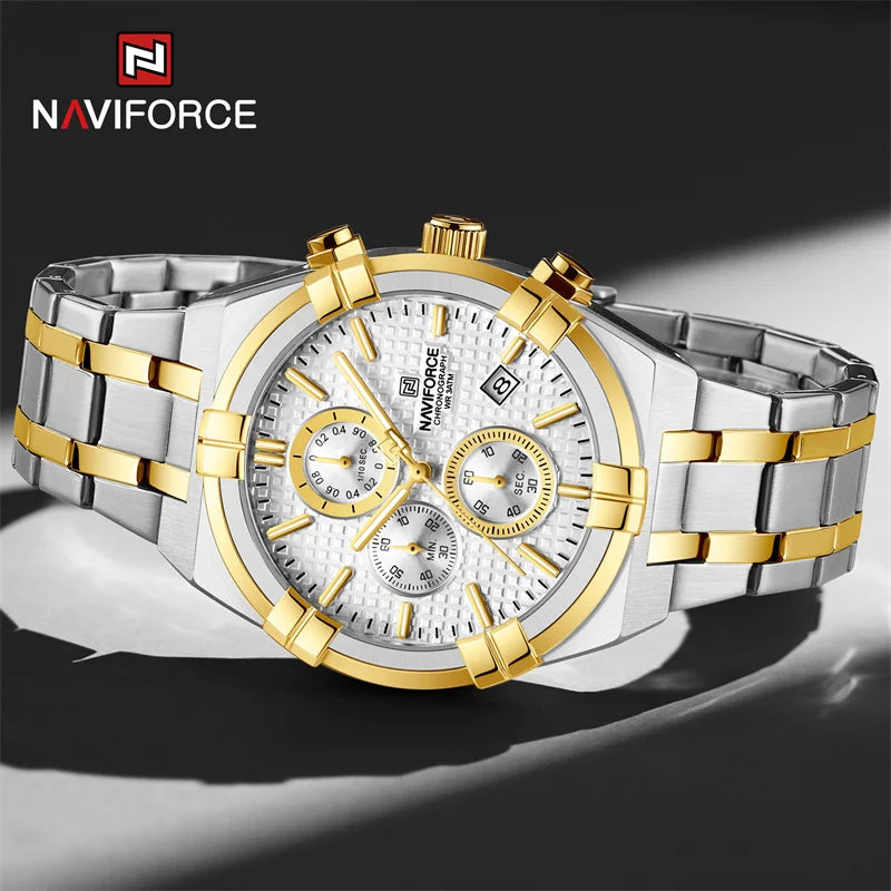 Coocosh sophisticated NAVIFORCE Men's Luxury Quartz Watch, featuring a stunning silver and gold color scheme, stainless steel band, and luminous sub-dials. Perfectly crafted for timeless elegance, this shock-resistant and waterproof accessory elevates any attire.