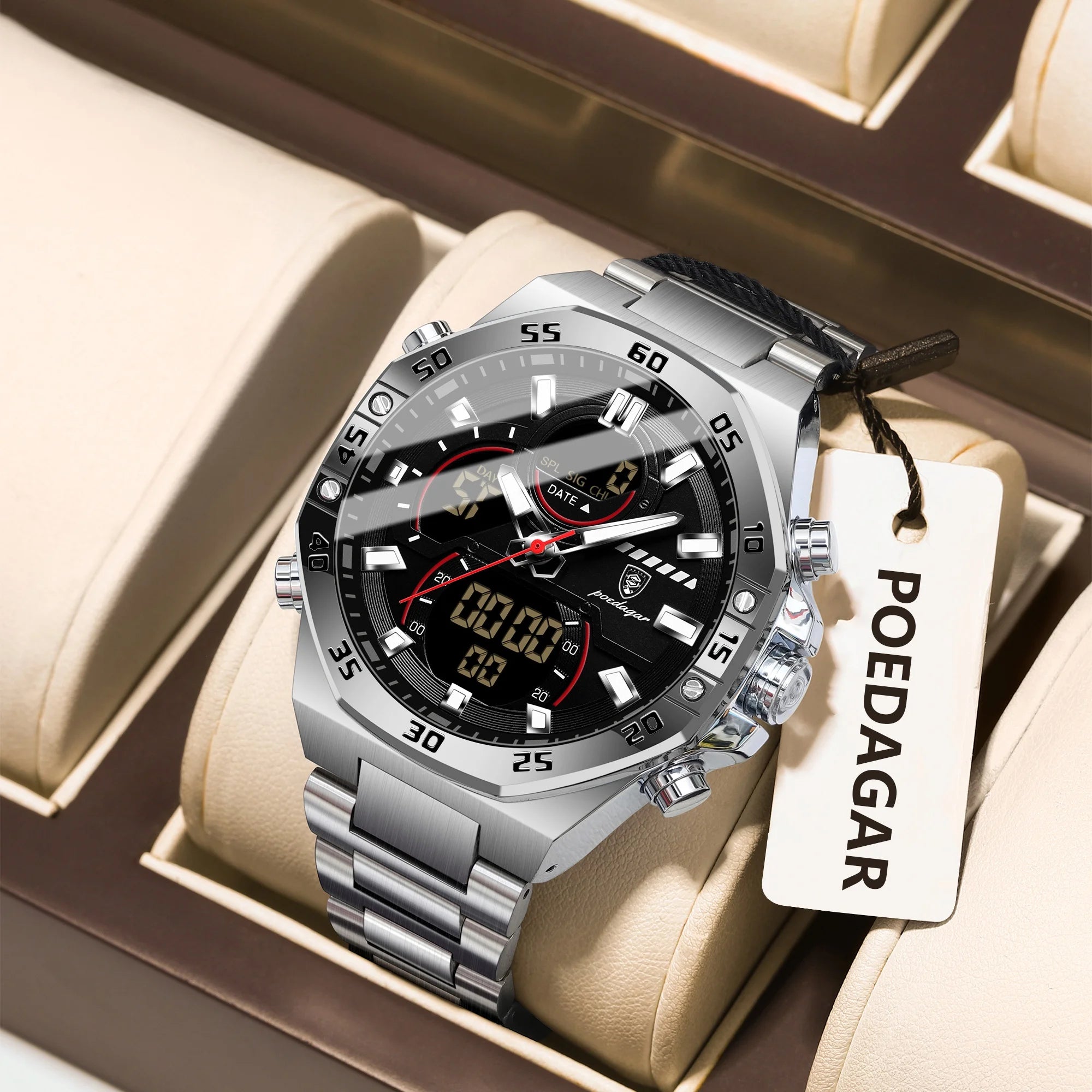 Coocosh's sophisticated POEDAGAR Top Man Watch, elegantly housed in a plush box, features a luminous black dial with dual display functionality, seamlessly blending modern style with versatile utility—perfect for the contemporary gentleman.