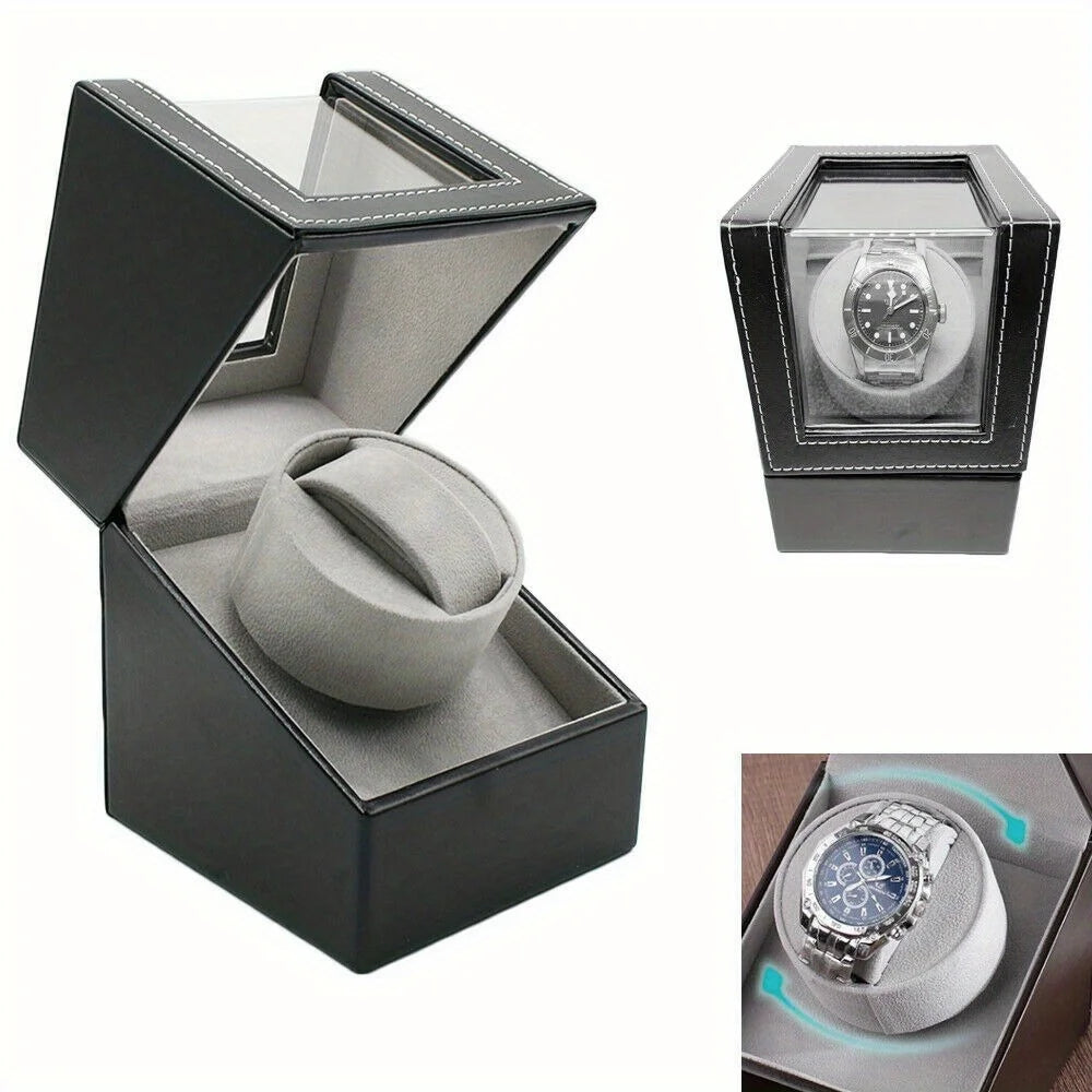 Coocosh elegant grey leather watch winder display case, featuring plush interiors and whisper-quiet operation, perfect for luxury watch storage and maintenance. Showcase your timepieces beautifully while preventing overwinding and ensuring lasting performance.