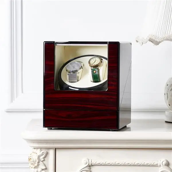 Coocosh luxurious wooden double watch winder, featuring a high-gloss finish and adjustable pillows, beautifully showcases your timepieces while ensuring whisper-quiet rotation in elegant style, enhancing any decor and preserving watch integrity.