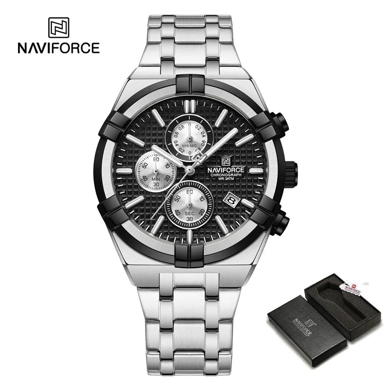 Coocosh luxury timepiece by NAVIFORCE, showcasing a stunning metallic silver band and sophisticated black chronograph dial. Perfect for modern lifestyles, this stainless steel watch combines style, functionality, and reliability—featuring a complete calendar and luminous accents for effortless elegance.