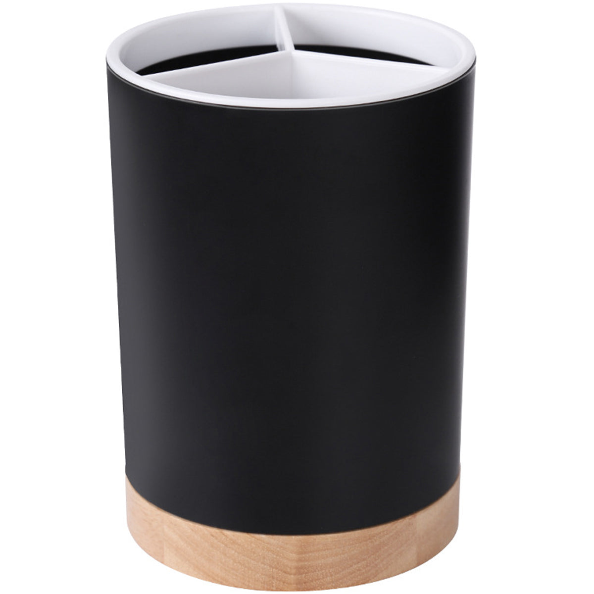 Coocosh elegant black cylindrical organizer with a sleek wooden base, designed for versatile storage of stationery or kitchen utensils. Its detachable, high-quality plastic construction offers moisture filtration, elevating modern kitchen decor while maximizing space efficiency.