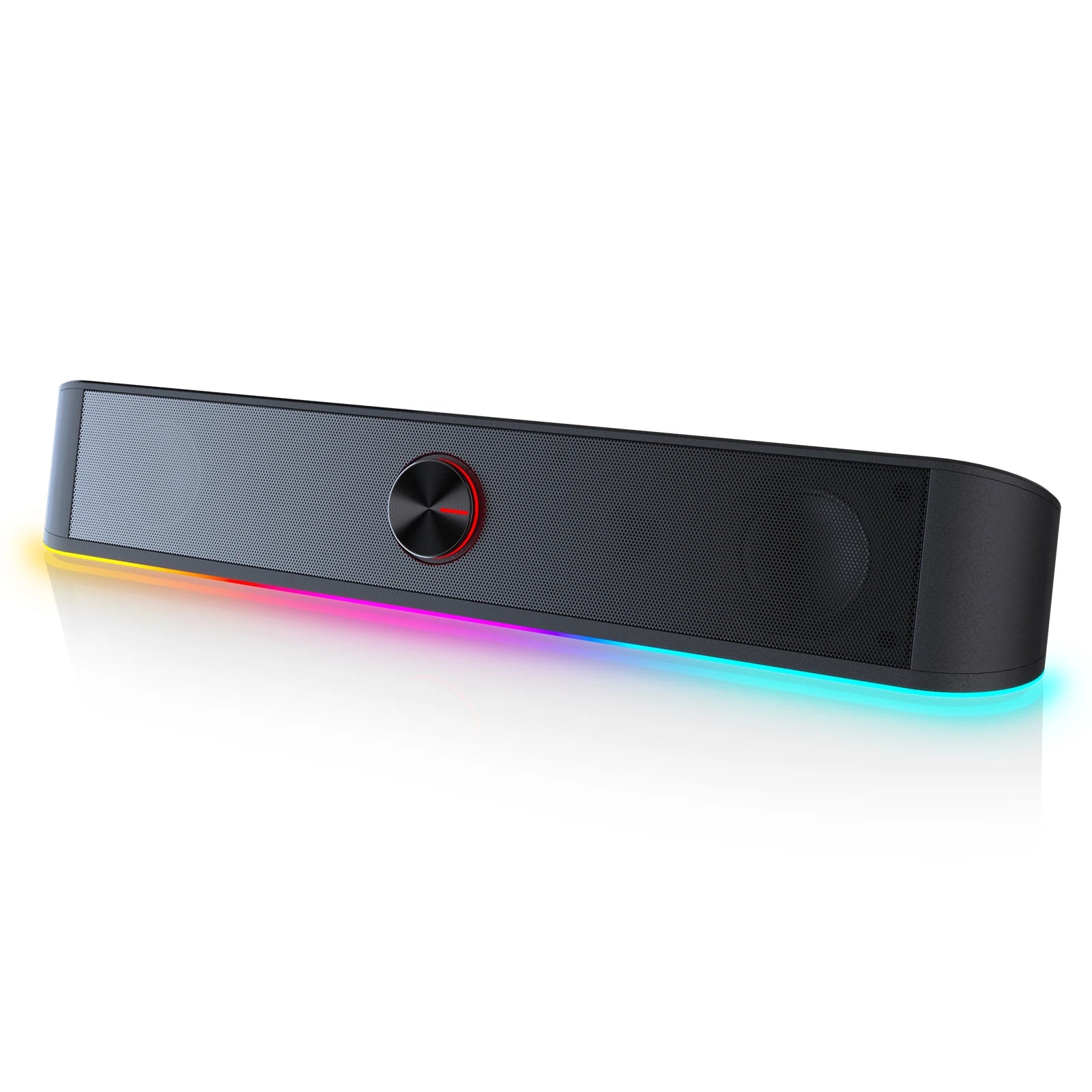 Coocosh sleek RGB USB soundbar, designed to elevate your audio experience with immersive sound quality and vibrant LED lighting, perfect for gaming, movies, or music. Win from any angle with its compact aesthetic that complements any workspace.