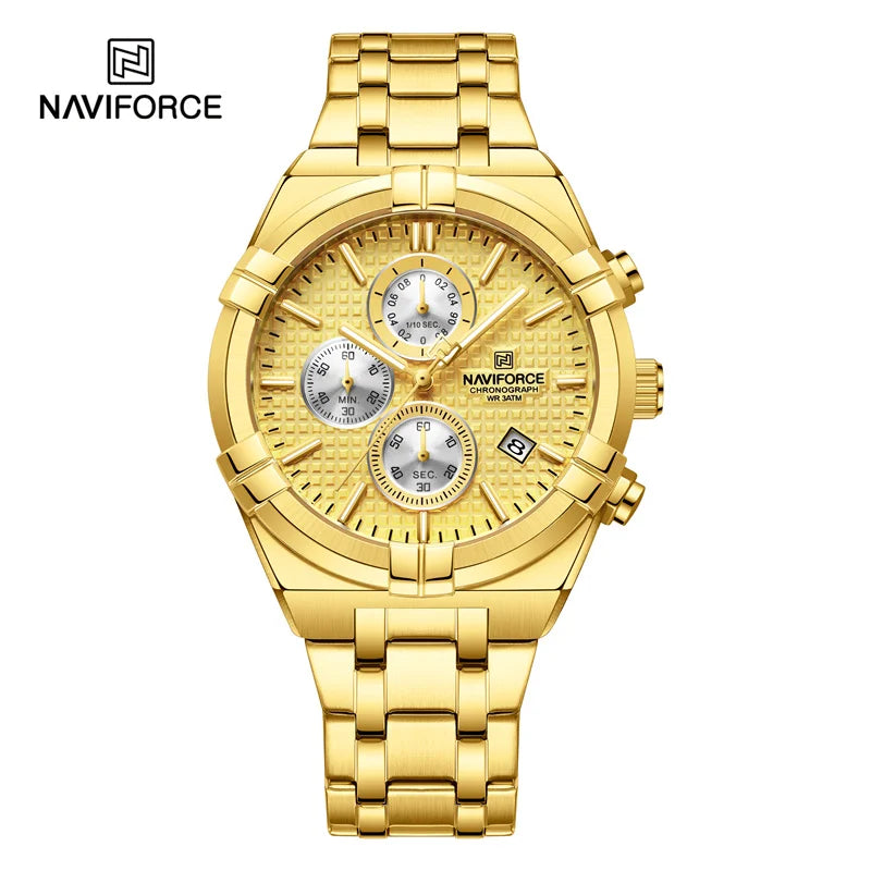 Coocosh luxurious gold NAVIFORCE wristwatch, featuring a polished finish and intricate sub-dials, designed to elevate men's accessory collections while offering durability, waterproof benefits, and luminous clarity for a sophisticated statement at any occasion.