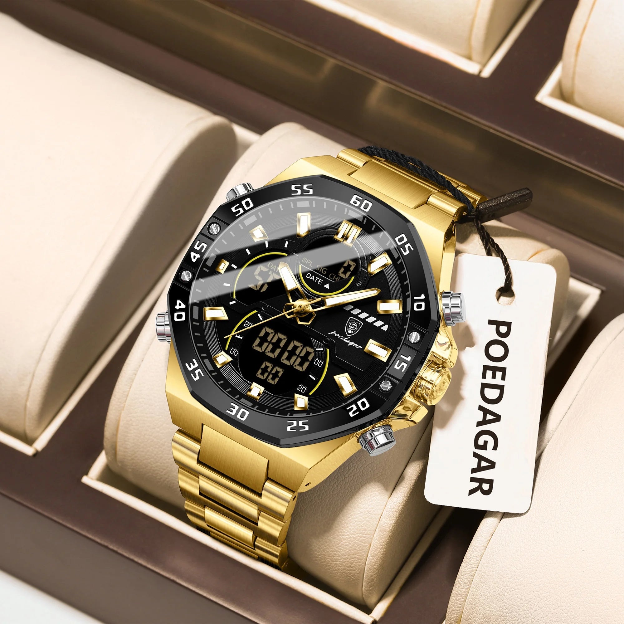 Coocosh elegant gold POEDAGAR top man watch with luminous black dial, presented in a refined box. This versatile stainless steel piece combines luxury with functionality, featuring dual display and alarm capabilities for the modern man on the go.