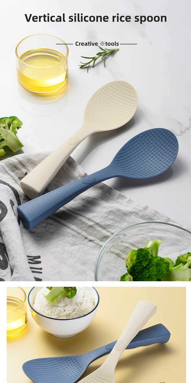Coocosh elegant silicone rice spoons in beige and blue, designed for effortless serving with a non-stick, heat-resistant finish. Ideal for elevating kitchen aesthetics while ensuring a comfortable grip, perfect for crafting culinary masterpieces.