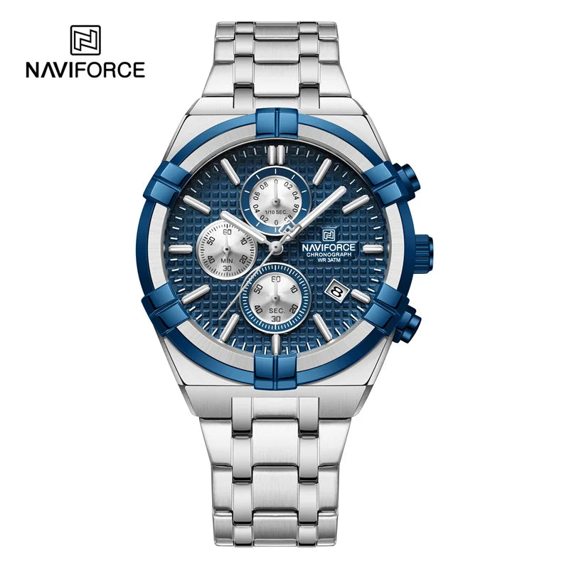 Coocosh NAVIFORCE luxury quartz watch with a textured blue dial, three multifunction dials, and a robust stainless steel band, designed to offer timeless elegance and precision in every moment, effortlessly complementing both formal and casual styles.