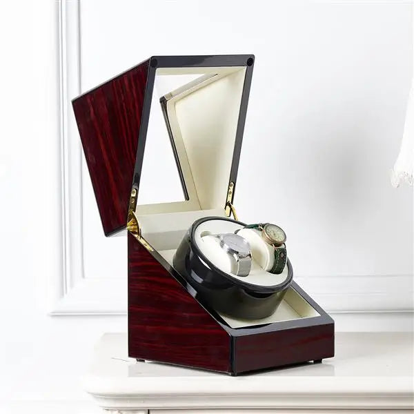 Coocosh exquisite double watch winder display case, featuring a polished wooden exterior and cream-colored interior; designed to elegantly organize and showcase timepieces while ensuring optimal care with a whisper-quiet motor. Perfect luxury gift for watch enthusiasts.