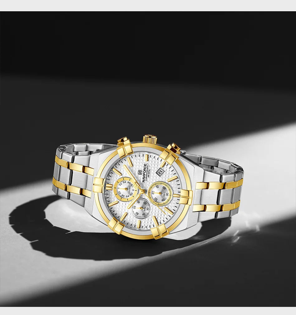 Coocosh's stunning NAVIFORCE Men's Luxury Quartz Watch in a striking silver and gold finish, featuring precision chronograph functionality and luminous details, elevates any ensemble while offering enduring style and reliability for the modern man.