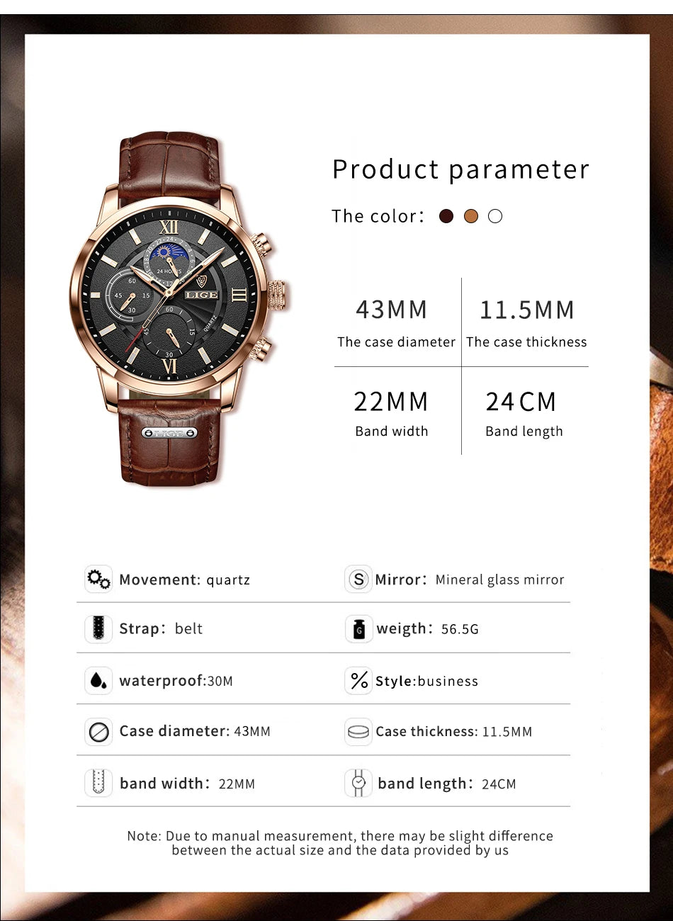 Coocosh luxurious brown leather chronograph watch, featuring a 43mm diameter and 11.9mm thickness. This elegant timepiece, with luminous hands and water resistance up to 30m, seamlessly blends style and functionality, perfect for any occasion.