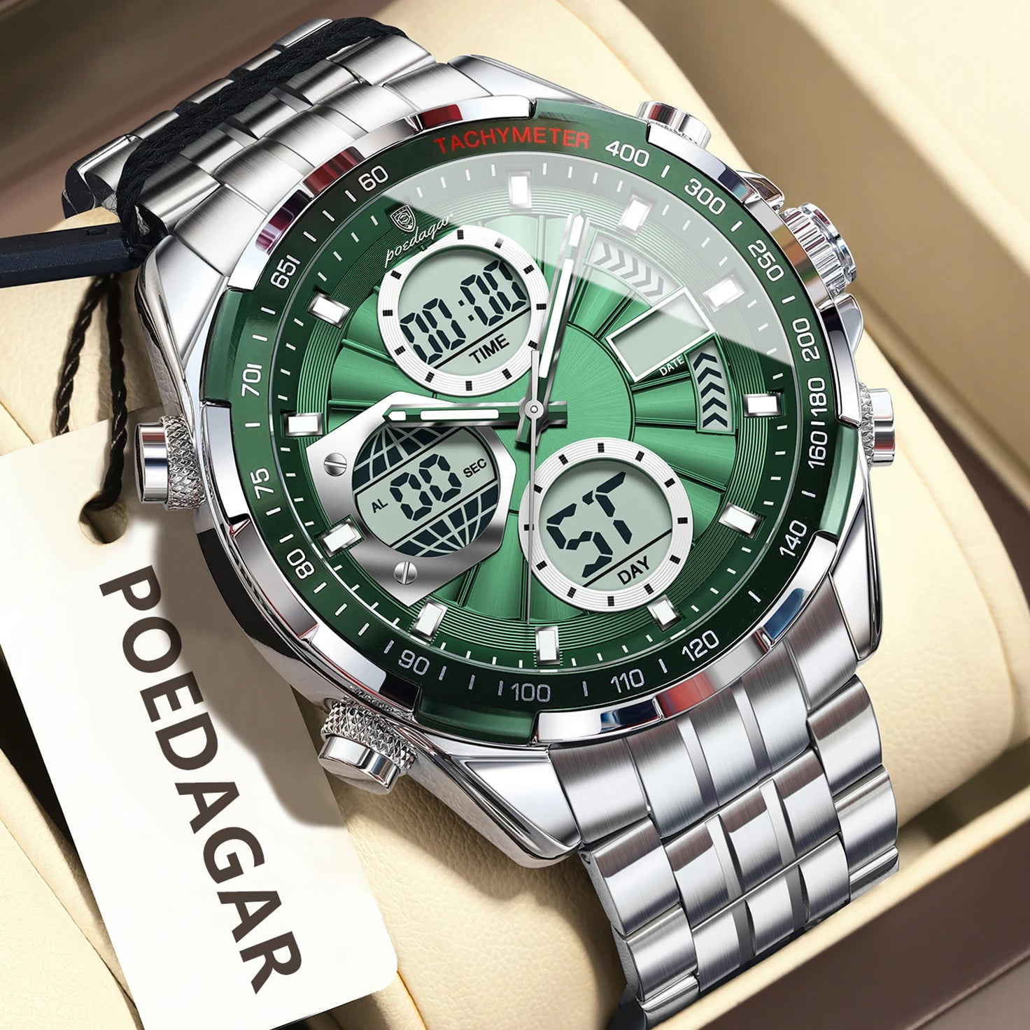 Coocosh's POEDAGAR luxury watch features a striking green dial and stainless steel bracelet, blending elegance and functionality. Designed for versatility, the dual time display and LED features keep you punctual and stylish, whether in the office or at play.