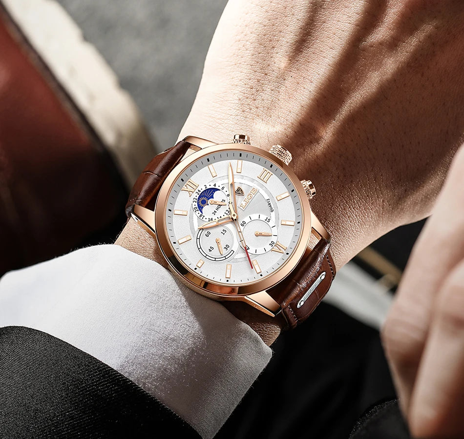 Coocosh luxury brown leather chronograph watch, elegantly accentuated by luminous hands on a refined white dial, harmonizes with formal attire, offering a stylish timepiece that seamlessly blends functionality and sophistication.
