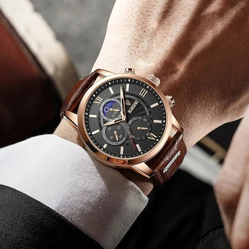 Coocosh luxurious brown leather quartz chronograph watch, featuring a striking black dial and rose gold casing, elegantly complements formal attire while providing accurate timekeeping and water resistance, making it the perfect stylish accessory for discerning individuals.
