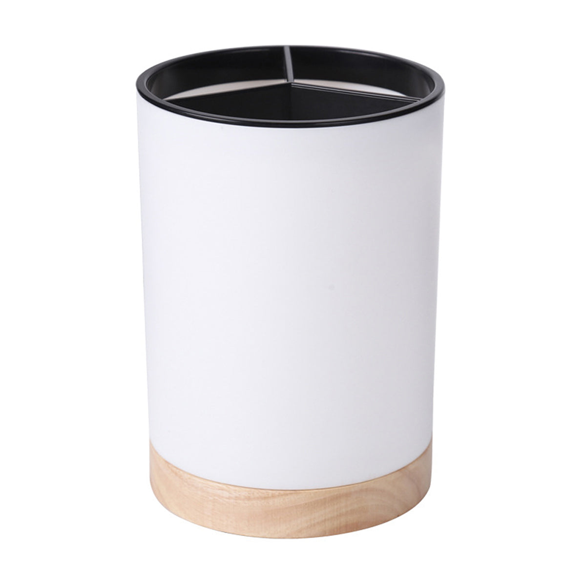 Coocosh elegant white and wood utensil holder, designed for modern kitchens. This compact cutlery drainer combines high-quality plastic with a detachable design, enhancing organization while seamlessly elevating your kitchen decor.