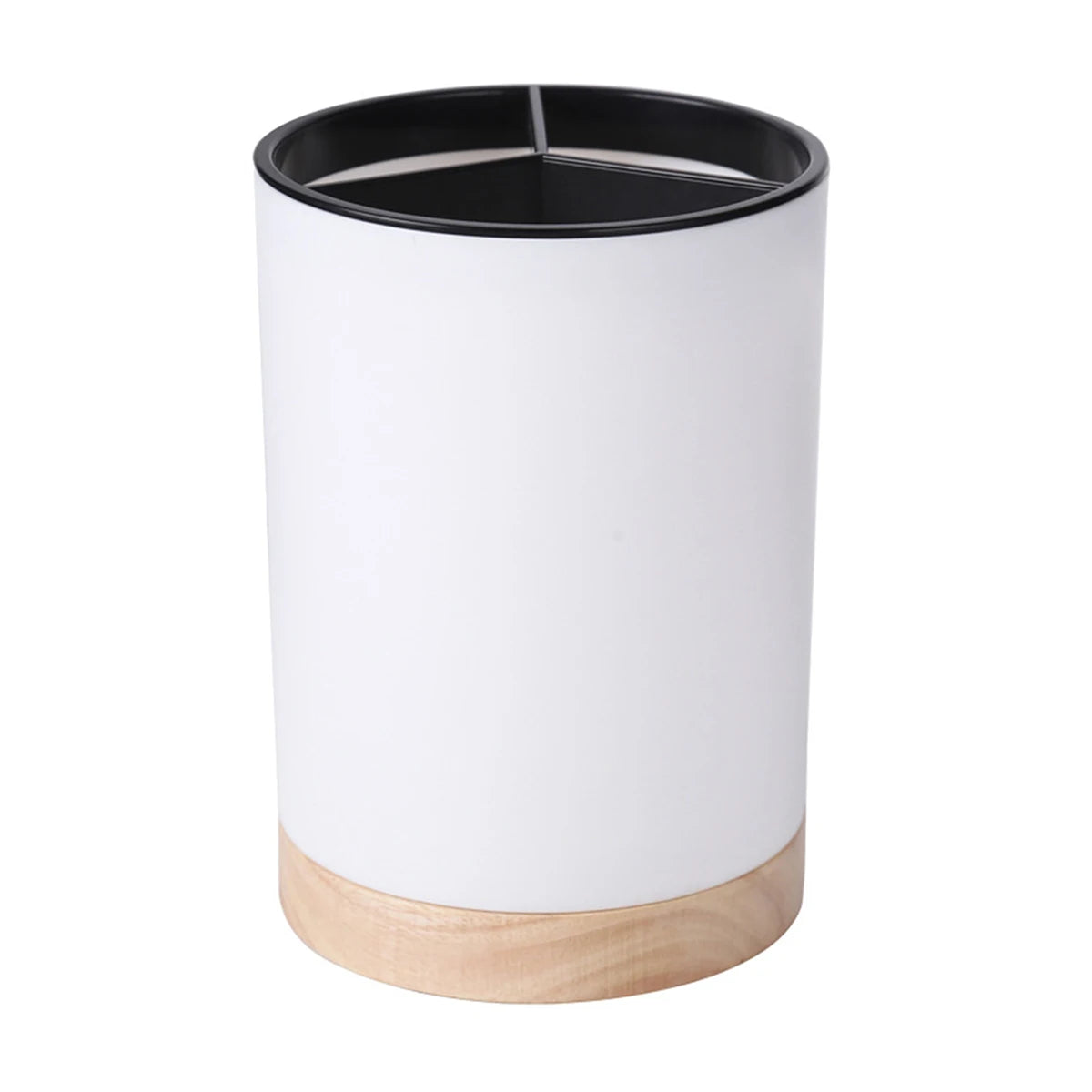 Coocosh elegant cylindrical utensil holder, featuring a sleek white body and natural wood base. This stylish and compact cutlery drainer enhances modern kitchens, offering moisture filtration and a detachable design for effortless organization.