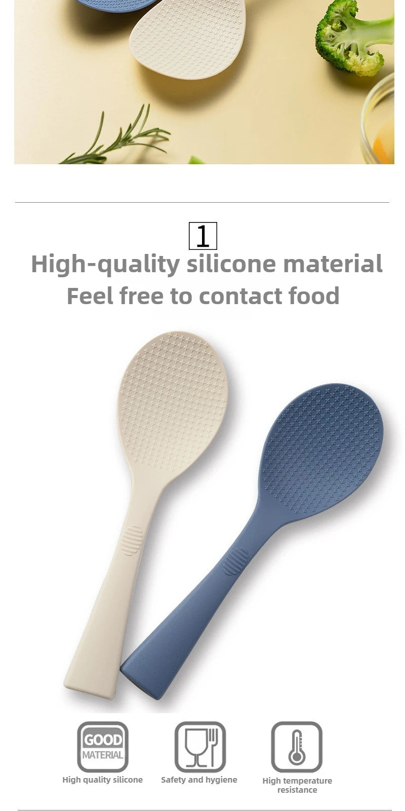 Coocosh elegant cream and blue silicone rice spoons, designed with ergonomic grips and heat-resistant, non-stick surfaces, enhance your culinary experience. Perfect for serving rice and more, they effortlessly blend style and functionality in any kitchen.