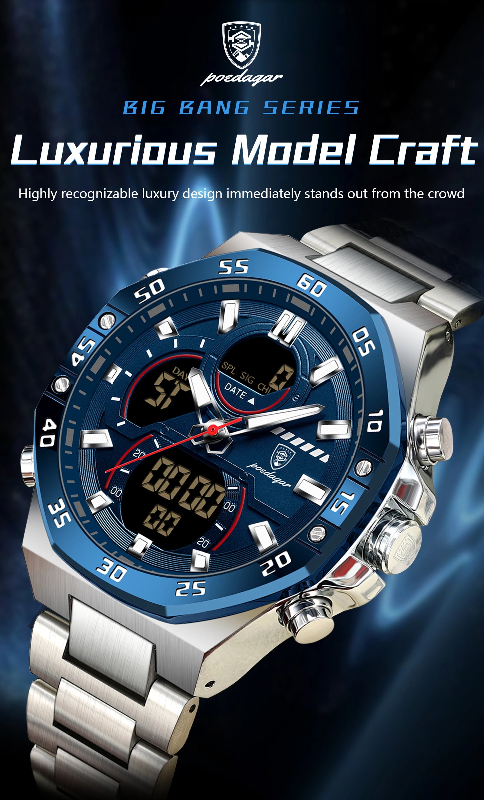 Coocosh sophisticated blue dial watch, featuring a stainless steel bracelet, expertly designed for the modern man. Its luminous display and dual functionality offer timely elegance and reliability for any occasion, ensuring you shine from every angle.