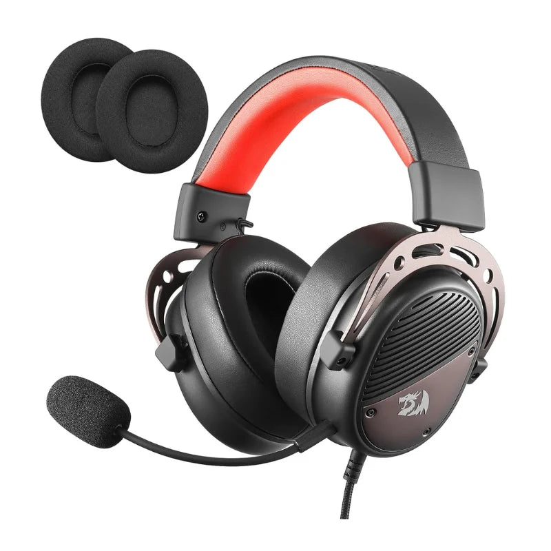 Coocosh Redragon H730 Wired Gaming Headset showcases a sleek black design with striking red accents, featuring plush over-ear cushions and a flexible noise-canceling microphone. Enjoy immersive 360° spatial sound and customizable comfort to elevate your gaming experience.