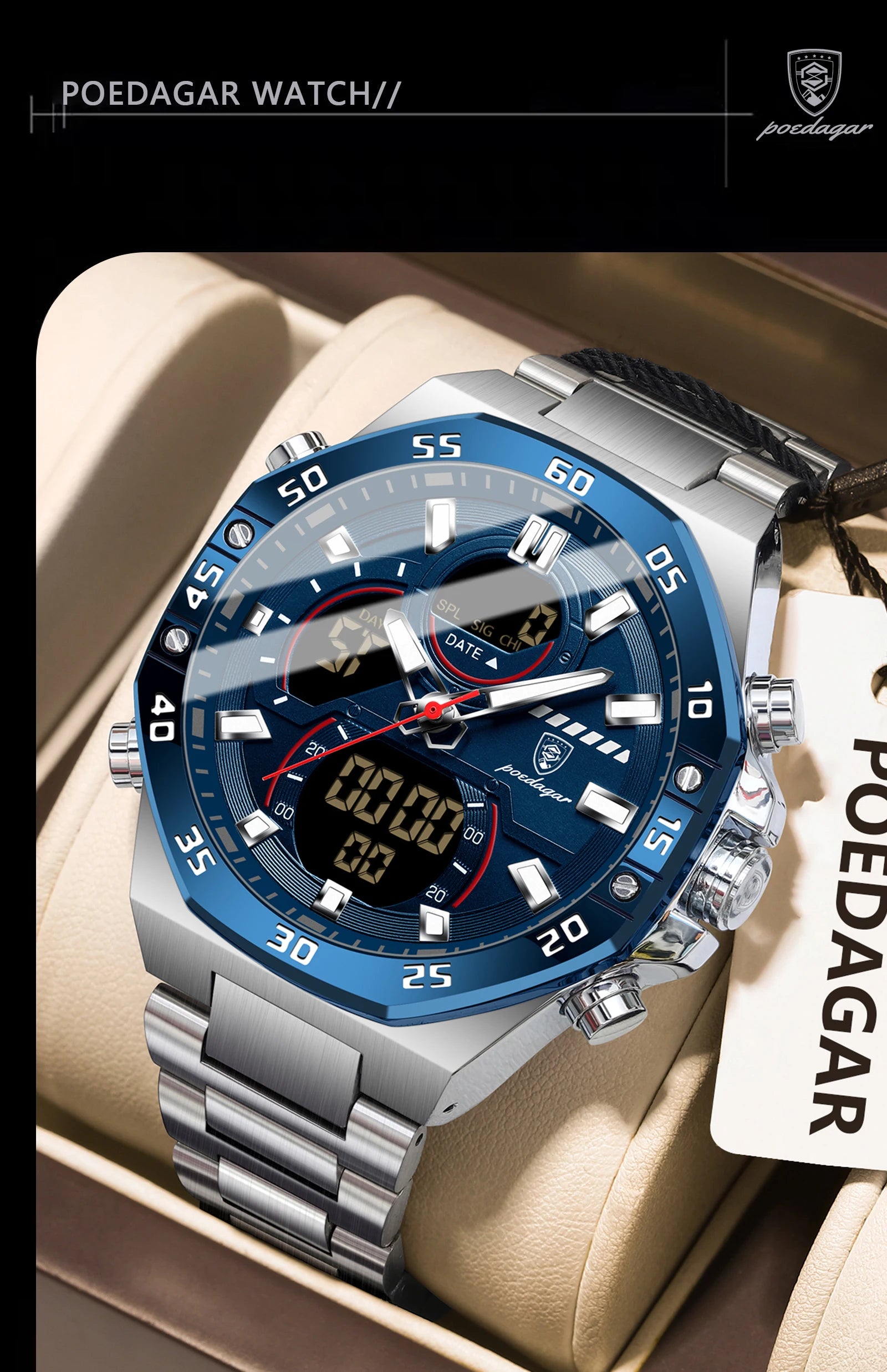 Coocosh distinguished blue dial chronograph watch, masterfully designed with luminous stainless steel accents. Perfectly versatile for sports or formal occasions, this water-resistant timepiece combines functionality with elegance, ensuring you win from any angle.