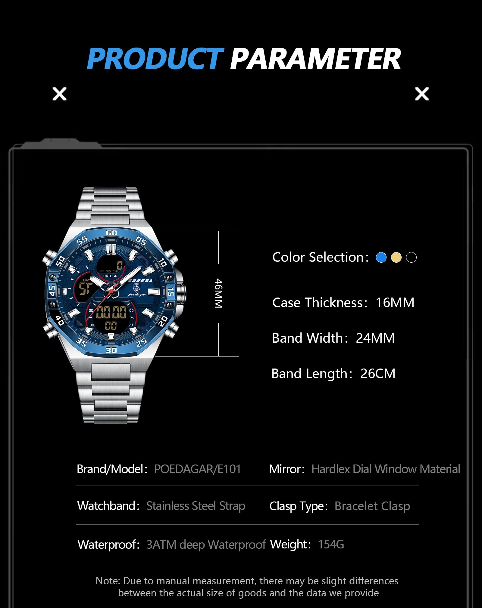 Coocosh's POEDAGAR Top Man Watch, a sleek stainless steel design with luminous dial, seamlessly blends functionality and style. Water-resistant and featuring dual displays, this timepiece empowers you to succeed in every moment, winning from any angle.