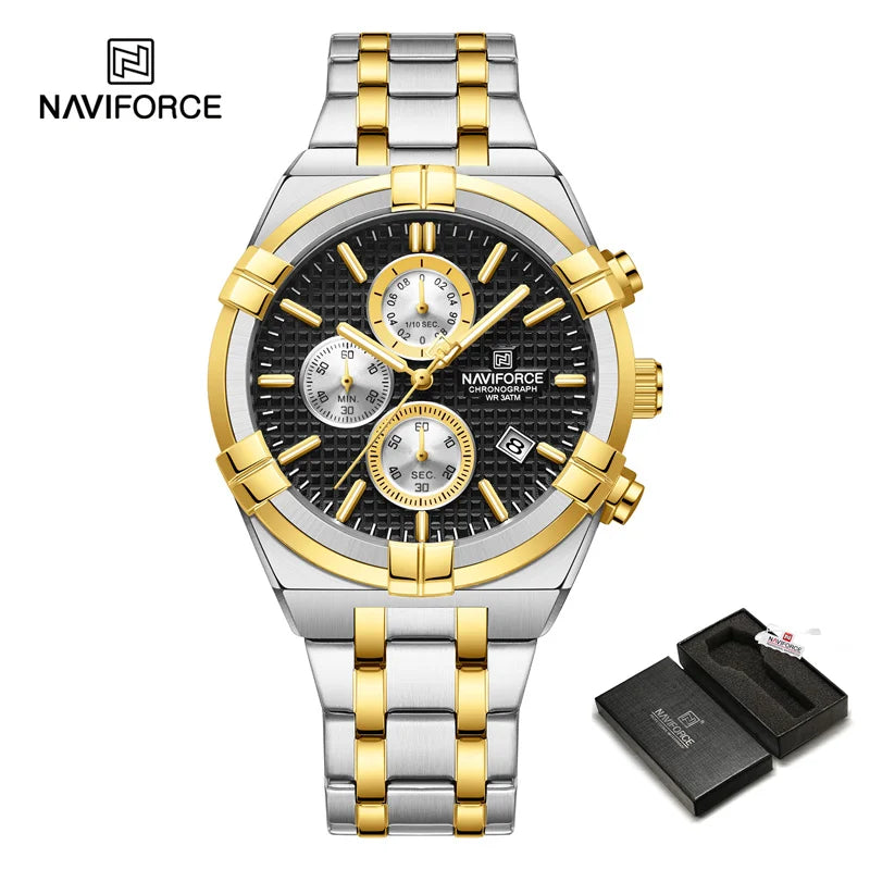 Coocosh's luxurious NAVIFORCE men's quartz watch, exuding sophistication with its stainless steel silver and gold band and striking black dial. Experience precision with complete calendar functionality and luminous details, perfect for the modern gentleman.
