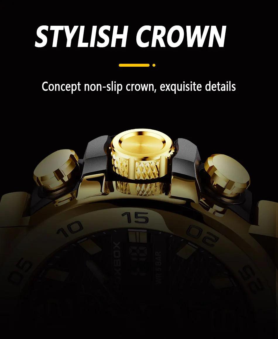 Coocosh Business Diver Watch showcases an elegant gold and black design, featuring a stylish non-slip crown and exquisite detailing, perfect for seamless transitions from boardroom to outdoor adventures while ensuring functionality and luxury.