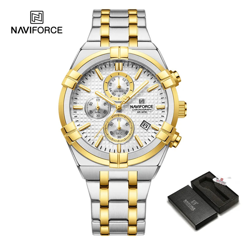 Coocosh elegant NAVIFORCE men's luxury quartz watch in a striking two-tone stainless steel design, featuring multiple dials and date display, perfect for versatile styling and enriching everyday moments with sophistication and precision.