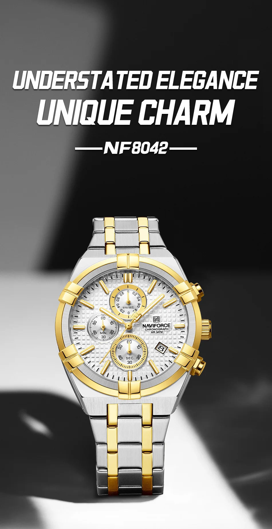 Coocosh's silver and gold NAVIFORCE men's luxury quartz watch combines timeless elegance with modern functionality, featuring a complete calendar and luminous display, perfect for making a stylish statement in any setting.