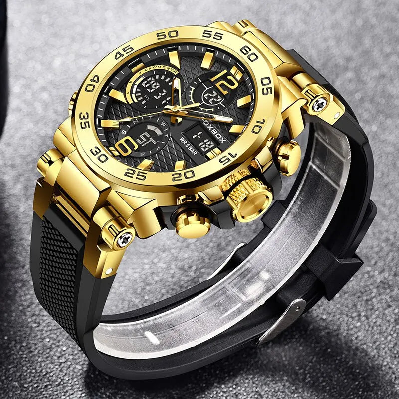 Coocosh black and gold chronograph diver watch, featuring a sporty design with luminous hands and a durable silicone strap. This luxury waterproof timepiece effortlessly blends style and functionality, perfect for outdoor adventures or formal occasions.