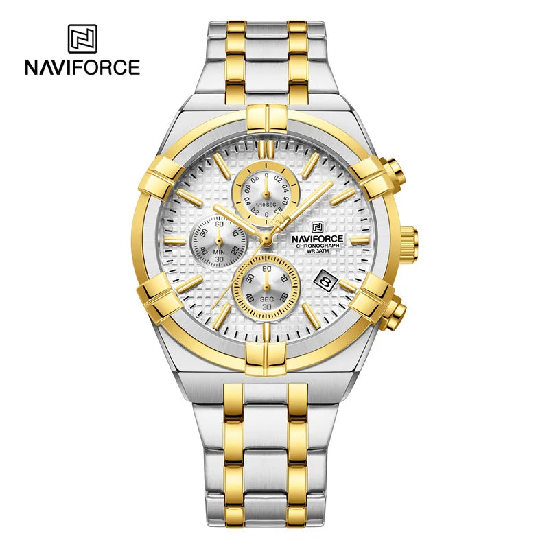 Coocosh's NAVIFORCE Men's Luxury Quartz Watch features a sophisticated stainless steel band in vibrant silver and gold tones. The luminous white face with multiple dials seamlessly balances style and function, ensuring you stay ahead in any setting.