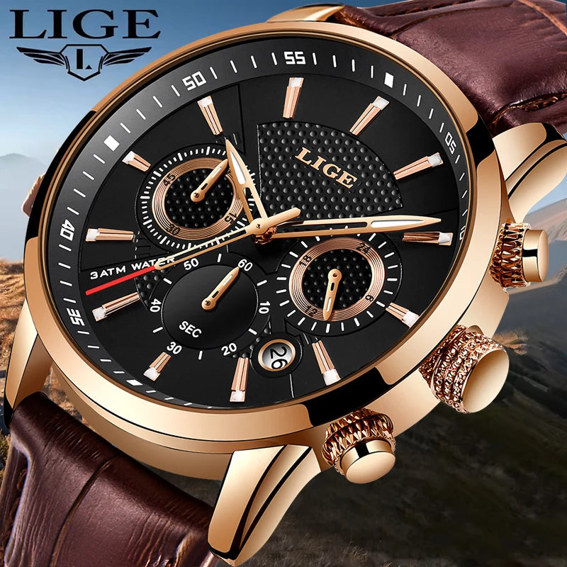 Coocosh LIGE brown leather chronograph watch, featuring a sophisticated black face with gleaming gold accents. Stylish and durable, its luminous hands and textured design ensure you exude confidence and elegance in every business casual setting.