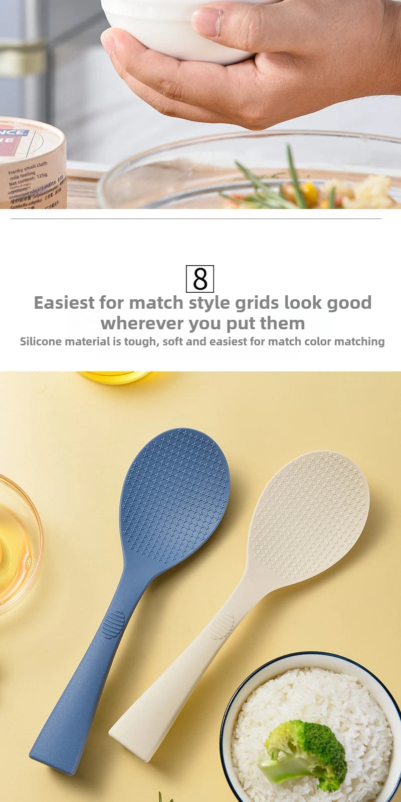 Coocosh's elegant silicone rice spoons, available in soft hues, enhance your culinary experience with their heat-resistant, non-stick design. Ergonomically crafted for effortless serving, they are perfect for creating culinary masterpieces in any modern kitchen.