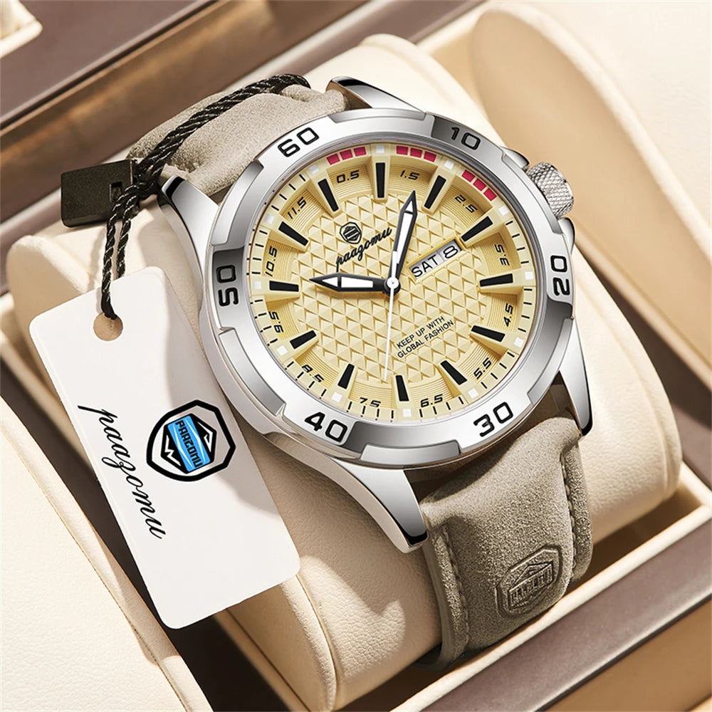 Coocosh luxury men's watch elegantly displayed in a refined box, featuring a silver stainless steel case, luminous light yellow dial, and beige leather strap—engineered for sophistication, waterproof resilience, and essential week/date display for the modern gentleman.