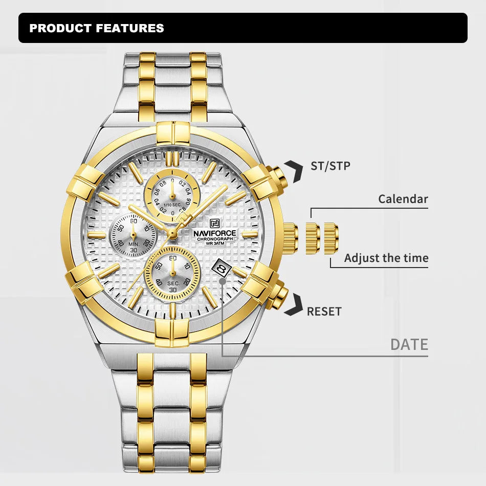 Coocosh luxury quartz watch in elegant silver and gold, featuring a complete calendar, luminous display, and adjustable time functions—designed for the modern man who values precision, style, and resilience in every moment.