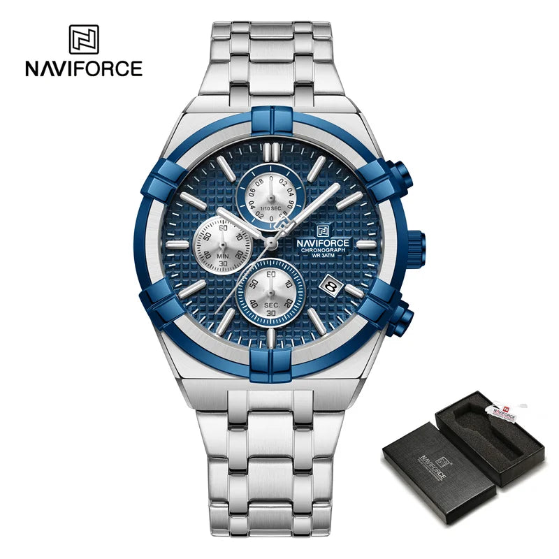 Coocosh's NAVIFORCE Men's Luxury Quartz Watch, featuring a polished silver metal band and striking blue bezel, seamlessly integrates functionality with style. This water-resistant timepiece boasts chronograph sub-dials, ensuring you stay on schedule with elegance from any angle.