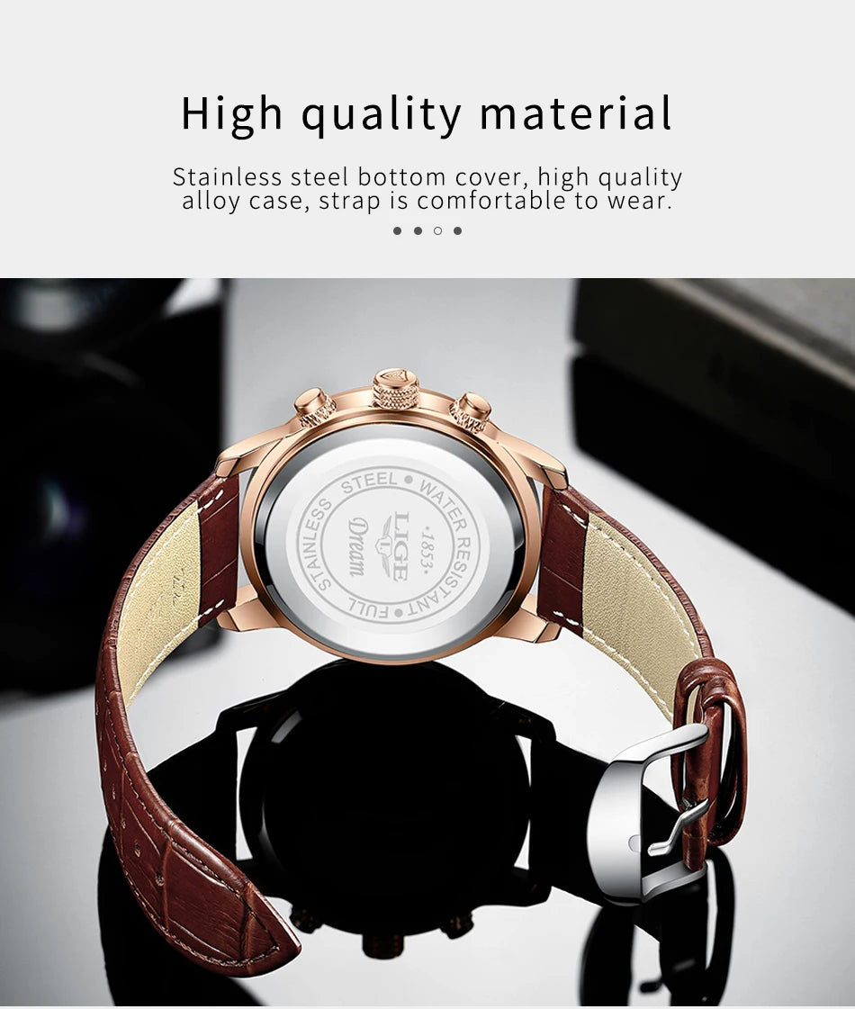 Coocosh luxury brown leather quartz watch, featuring a sleek metallic case and comfortable leather strap. This elegant timepiece combines durability with style, boasting luminous hands for easy readability, making it a sophisticated accessory for any occasion.