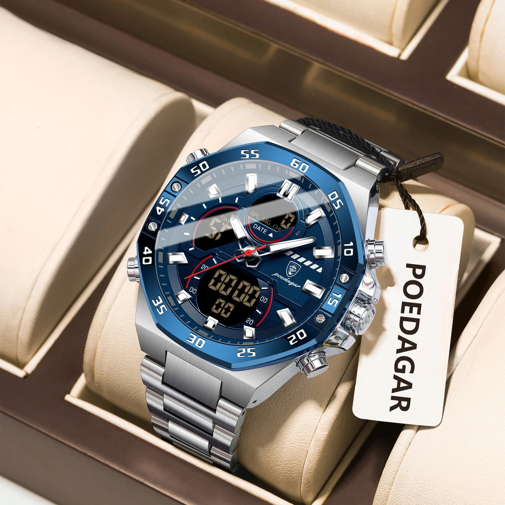 Coocosh POEDAGAR Top Man Watch elegantly showcased in a plush box, featuring a striking blue dial and luminous LED display. This stainless steel, dual-display timepiece blends sophistication with practical functionality, perfect for the modern gentleman.