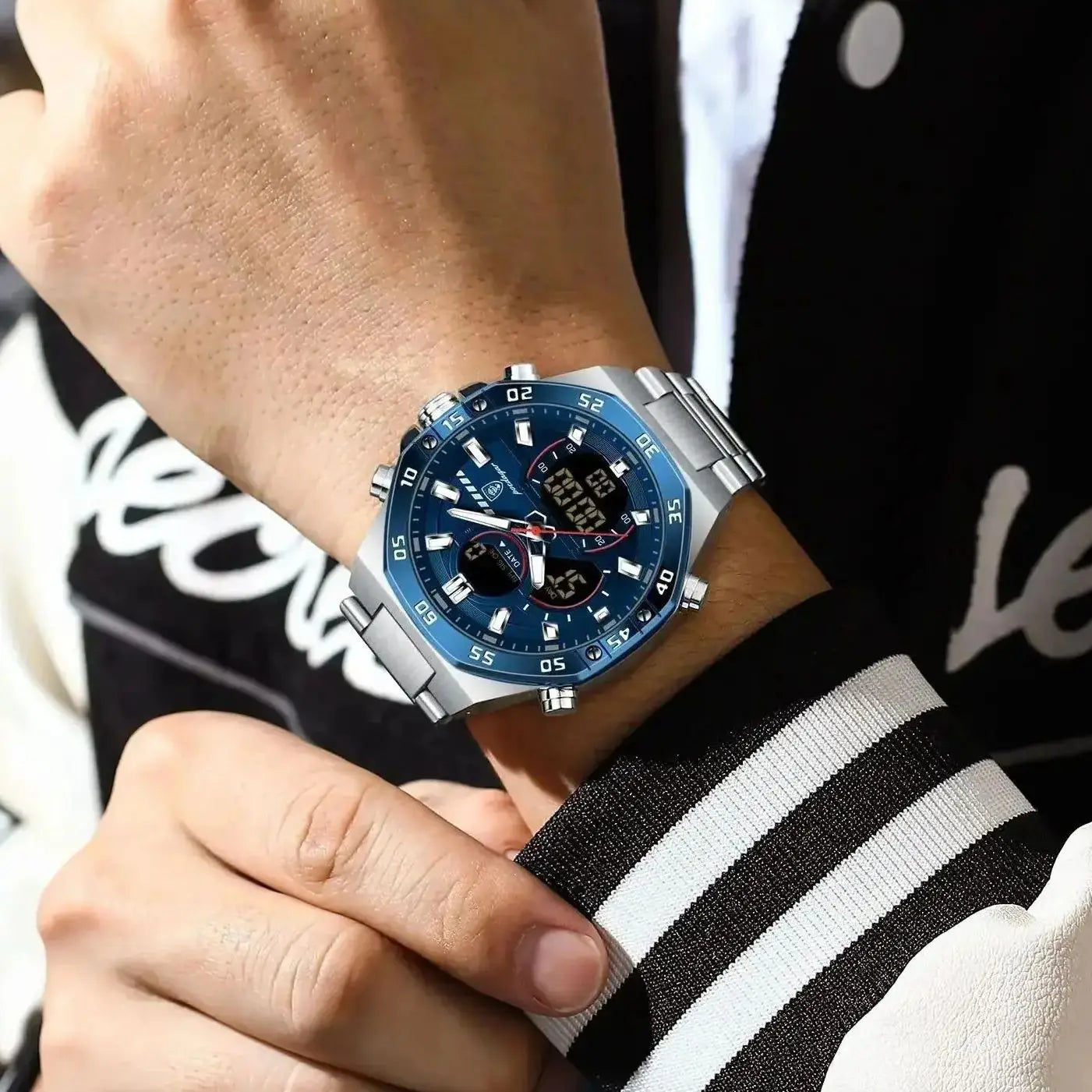 Coocosh's sophisticated blue dial men's watch, featuring a luminous LED display and a stylish stainless steel strap, effortlessly combines functionality with elegance, making a striking statement whether at the office or out on the town.