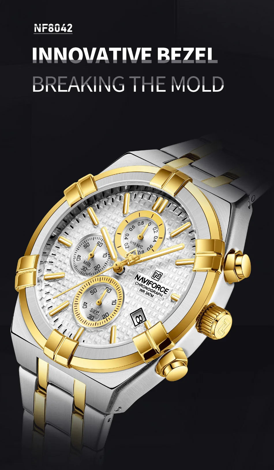 Coocosh's elegant NAVIFORCE Men's Luxury Quartz Watch showcases a striking silver and gold design with an innovative bezel, seamlessly marrying style and functionality to elevate your accessories collection and ensure you stand out from any angle.