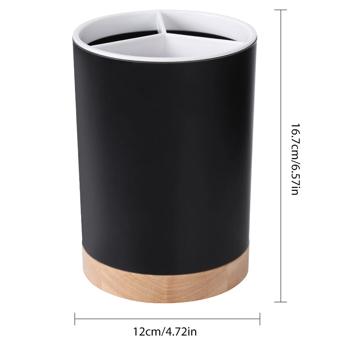 Coocosh sophisticated black cylindrical utensil holder, featuring a pristine white interior and elegant wooden base, enhances kitchen organization while seamlessly draining moisture, perfect for maintaining a stylish and functional modern workspace.