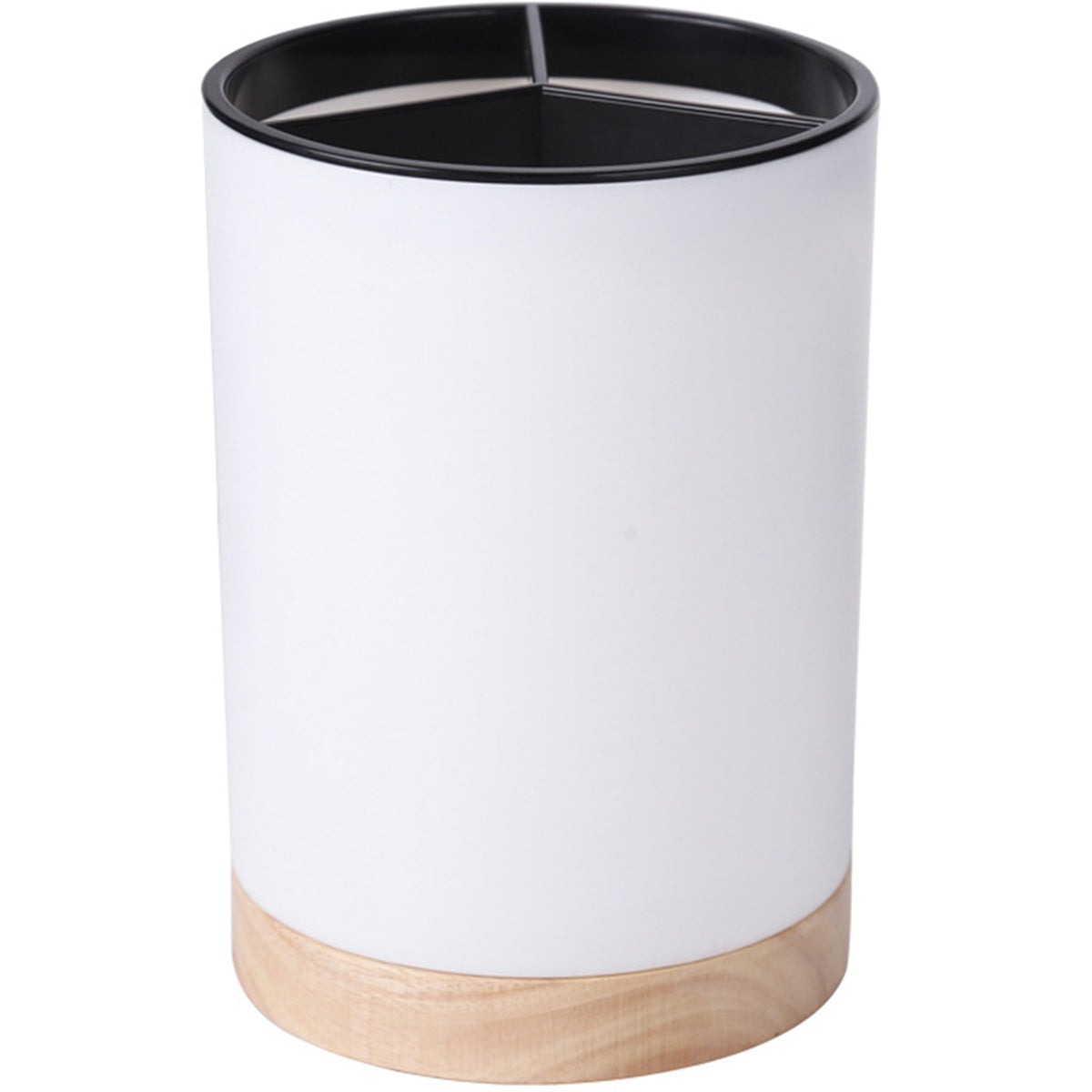 Coocosh elegant white utensil holder with a sleek wooden base, designed for modern kitchens. This compact cutlery drainer showcases high-quality plastic for moisture filtration, enhancing organization and elevating your culinary space with style.
