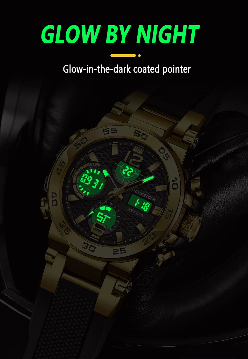Coocosh FOXBOX Business Diver Watch, featuring a striking black face with vibrant green elements and "GLOW BY NIGHT" text. This luxurious, waterproof chronograph combines style and functionality, designed for sophisticated outdoor enthusiasts and night-time adventurers.