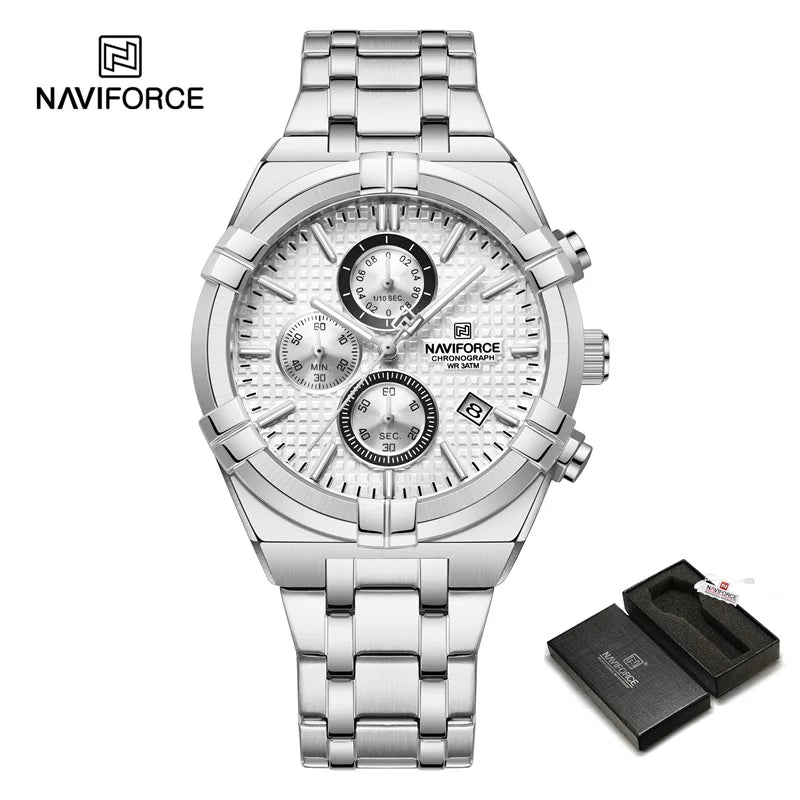 Coocosh NAVIFORCE men's luxury quartz watch, featuring a sleek silver stainless steel band and luminous white dial with chronograph sub-dials. This waterproof and shock-resistant timepiece embodies elegance, perfect for versatile styling or daily adventures.